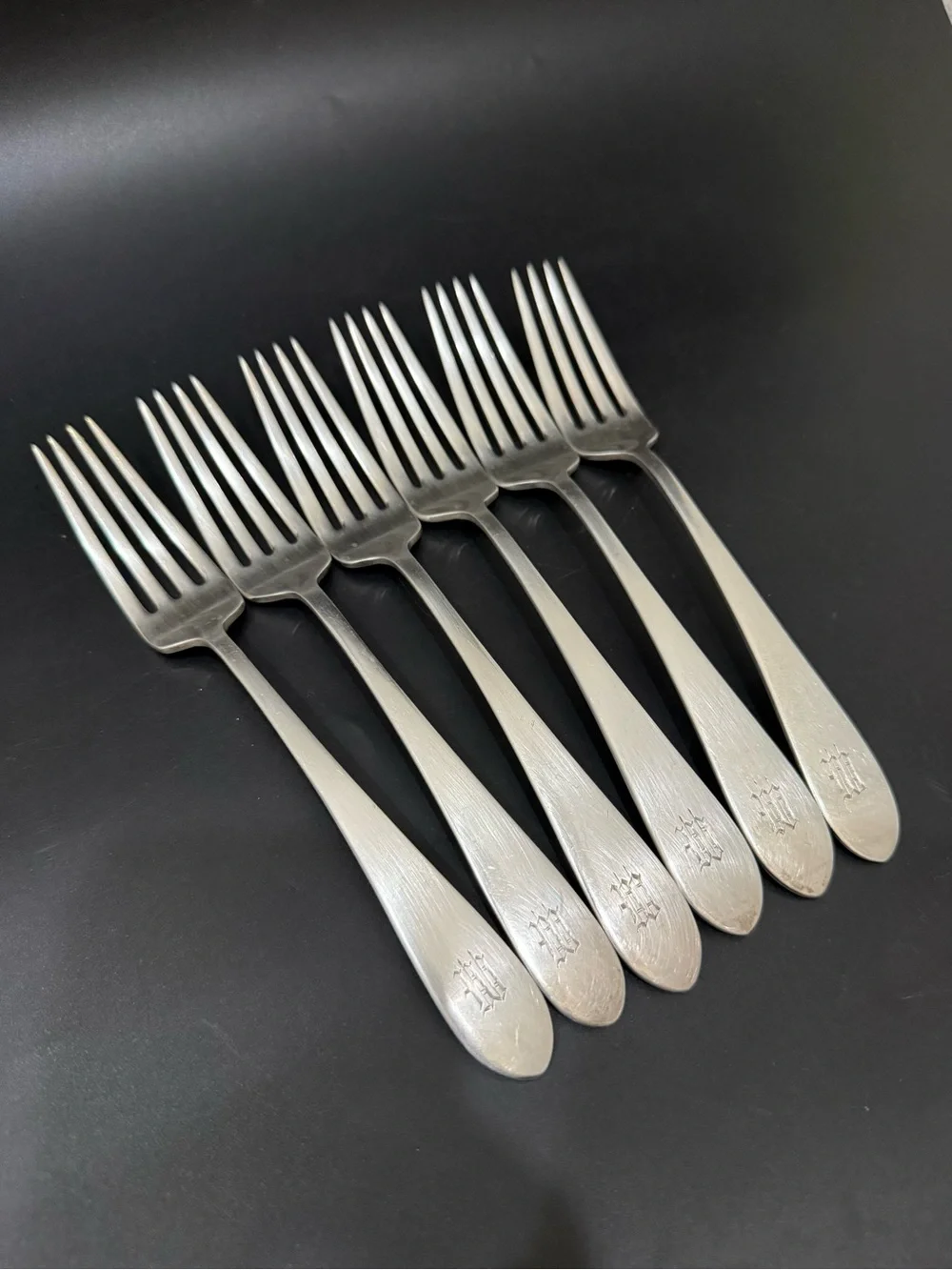6pcs Vintage CARTIER Gorham Sterling Silver Gothic Monogram W Dinner Forks 410g.